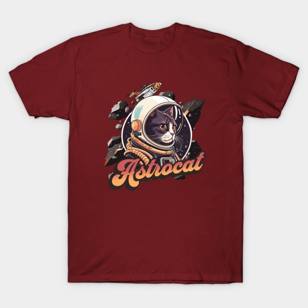 Astrocat - Stellar Space Explorer Illustration T-Shirt by KittyKanvas Creations